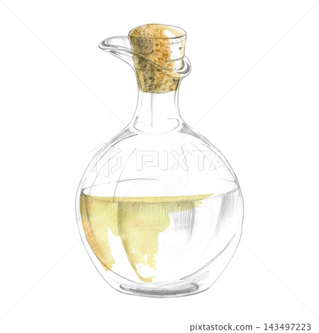 Glass vessel, decanter jar filled with golden liquid, cork stopper. Hand drawn pencil detail, soft watercolor shading. Illustration for catalog layouts, hospitality materials, gift product design. Glass vessel, decanter jar filled with golden liquid, cork stopper. Hand drawn pencil detail, soft watercolor shading. Illustration for catalog layouts, hospitality materials, gift product design. 143497223