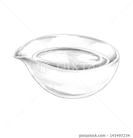 Pouring bowl with practical spout lip, smooth rounded profile, porcelain, clay or glass. Hand drawn illustration in graphite pencil. Kitchen guides, recipe books, cooking schools, culinary branding. Pouring bowl with practical spout lip, smooth rounded profile, porcelain, clay or glass. Hand drawn illustration in graphite pencil. Kitchen guides, recipe books, cooking schools, culinary branding. 143497234