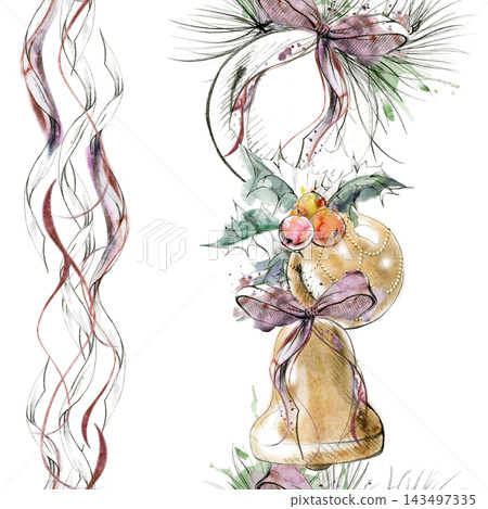Globe and bell baubles in holly leaves and evergreen conifer branches, flowing serpentine ribbon stripes. Seamless pattern hand drawn in pencil and watercolor. Holiday textiles, Xmas retail displays. Globe and bell baubles in holly leaves and evergreen conifer branches, flowing serpentine ribbon stripes. Seamless pattern hand drawn in pencil and watercolor. Holiday textiles, Xmas retail displays. 143497335