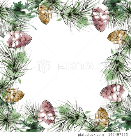 Vintage snowy pinecone clusters with spruce, pine, fir branches natural holiday frame. Hand drawn graphite and watercolor illustration. Seasonal catalogs, packaging labels, wall art, textile prints. 143497355