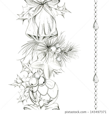 Round baubles, bell and star Christmas ornaments, rhinestone crystal drops chain, ribbon bows. Seamless pattern hand drawn in pencil linework and shading. Textile prints, New Year eve retail branding. Round baubles, bell and star Christmas ornaments, rhinestone crystal drops chain, ribbon bows. Seamless pattern hand drawn in pencil linework and shading. Textile prints, New Year eve retail branding. 143497371
