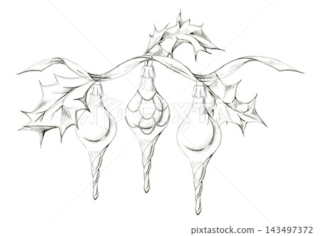 Stacked globe finial with elongated tail drop in holly spiky leaves, flowing ribbon. Traditional festive ornament display. Pencil line hand drawn artwork. Gift tags, wrapping paper, craft templates. Stacked globe finial with elongated tail drop in holly spiky leaves, flowing ribbon. Traditional festive ornament display. Pencil line hand drawn artwork. Gift tags, wrapping paper, craft templates. 143497372