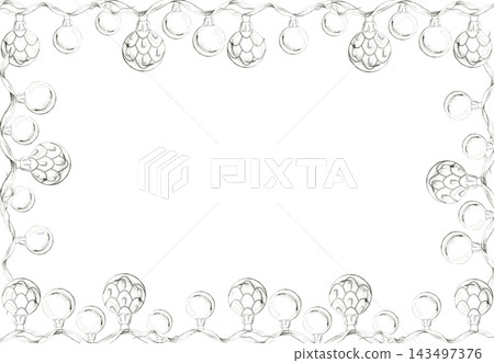 Globe baubles, balls on flowing silk ribbon garland, rectangular festive frame, hand drawn illustration in pencil. Holiday catalogs, packaging decoration, greeting cards, Christmas market displays. 143497376