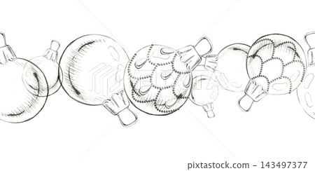 Globe baubles, smooth or beaded with rhinestone crystal drop festoons. Seamless hand drawn graphite pencil artwork. Magazine layouts, craft templates, Christmas market retail banners, festive labels. Globe baubles, smooth or beaded with rhinestone crystal drop festoons. Seamless hand drawn graphite pencil artwork. Magazine layouts, craft templates, Christmas market retail banners, festive labels. 143497377