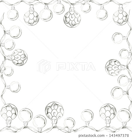 Round shiny ball baubles hanging on serpentine ribbon. Christmas square frame, hand drawn graphite pencil illustration, detailed shading. Gift boxes, craft kits, retail banners, New Year stationery. Round shiny ball baubles hanging on serpentine ribbon. Christmas square frame, hand drawn graphite pencil illustration, detailed shading. Gift boxes, craft kits, retail banners, New Year stationery. 143497378