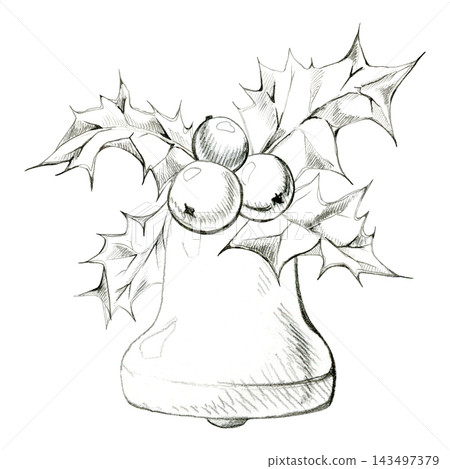Classic bell bauble with shiny holly foliage and berry clusters, joyful winter holiday composition. Pencil sketch, hand drawn realistic shading. Seasonal New Year eve invitations, Xmas festive labels. Classic bell bauble with shiny holly foliage and berry clusters, joyful winter holiday composition. Pencil sketch, hand drawn realistic shading. Seasonal New Year eve invitations, Xmas festive labels. 143497379