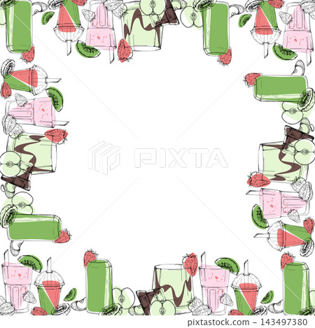 Kiwi, apple and strawberry berry blends, matcha square fruit drink frame hand drawn in ink vector. Natural product leaflets, party invitation borders, lifestyle brochures, wellness expo graphics. 143497380