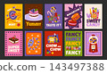 Printable posters with inscriptions and illustrations with various candies and confectionery of mint gum, cheesecake, chocolate cake, lollipops, macarons, candy bracelet, candy box and gumball machine 143497388