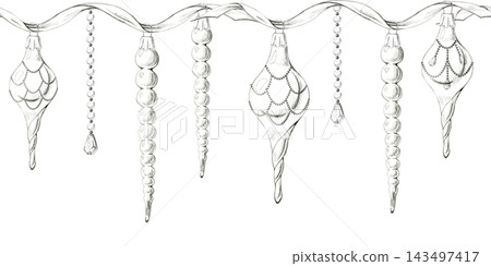 Vintage icicle drops, slender globe finial ornaments, rhinestone crystal chains on flowing ribbon, hand drawn pencil seamless banner. Magazine dividers, Christmas trims, festive landing page headers. 143497417