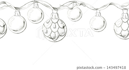 Vintage beaded globe bauble ornaments on curling ribbon. Seamless festive banner hand drawn in pencil. Retail sale headers, Christmas scrapbook borders, seasonal stationery, printable craft papers. Vintage beaded globe bauble ornaments on curling ribbon. Seamless festive banner hand drawn in pencil. Retail sale headers, Christmas scrapbook borders, seasonal stationery, printable craft papers. 143497418