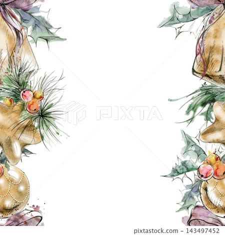 Gold star, globe and bell ornaments on holly and evergreen branches in classic seamless banner, hand drawn in pencil and watercolor. Holiday brochures, Christmas stationery borders, seasonal emails. Gold star, globe and bell ornaments on holly and evergreen branches in classic seamless banner, hand drawn in pencil and watercolor. Holiday brochures, Christmas stationery borders, seasonal emails. 143497452