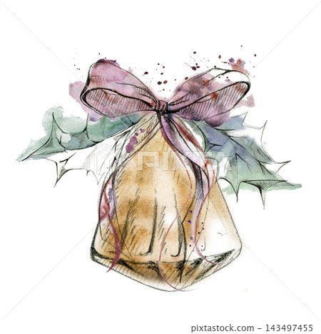 Bulb bell bauble in holly leaves, ribbon bow. Vintage Christmas ornament composition with botanical accents. Hand drawn illustration in pencil outline, gold metallic watercolor washes and splatter. Bulb bell bauble in holly leaves, ribbon bow. Vintage Christmas ornament composition with botanical accents. Hand drawn illustration in pencil outline, gold metallic watercolor washes and splatter. 143497455