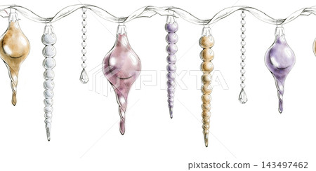 Icicle finials, elongated drop ornaments on ribbon, delicate crystal chains. Winter seamless banner hand drawn in pencil with loose watercolor wash. Window decals, Advent calendars, gift wrap borders Icicle finials, elongated drop ornaments on ribbon, delicate crystal chains. Winter seamless banner hand drawn in pencil with loose watercolor wash. Window decals, Advent calendars, gift wrap borders 143497462