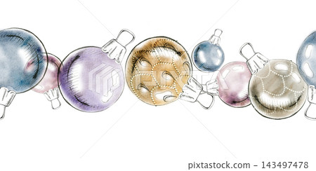 Shiny mercury glass globe baubles, beaded crystals. Seamless elegant vintage banner hand drawn in pencil and watercolor. Advent calendars, greeting cards, packaging borders, holiday website graphics. Shiny mercury glass globe baubles, beaded crystals. Seamless elegant vintage banner hand drawn in pencil and watercolor. Advent calendars, greeting cards, packaging borders, holiday website graphics. 143497478