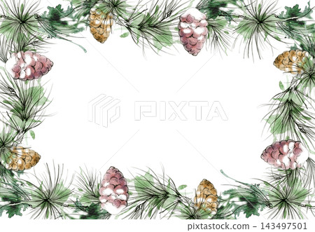 Pinecones on evergreen conifer twigs with detailed needles. Rustic border frame hand drawn illustration in pencil, watercolor. Farmhouse decor prints, craft papers, garden center signage, gift wrap. Pinecones on evergreen conifer twigs with detailed needles. Rustic border frame hand drawn illustration in pencil, watercolor. Farmhouse decor prints, craft papers, garden center signage, gift wrap. 143497501