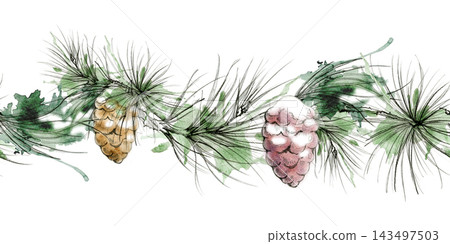 Pinecones in snow, evergreen conifer twig with detailed needles natural festive seamless banner. Hand drawn in pencil and watercolor. Rustic packaging, craft papers, seasonal catalogs, farmhouse decor Pinecones in snow, evergreen conifer twig with detailed needles natural festive seamless banner. Hand drawn in pencil and watercolor. Rustic packaging, craft papers, seasonal catalogs, farmhouse decor 143497503