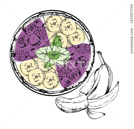 Four sided smoothie bowl, grid of blueberry berries, banana coin slices, mint leaves. Isolated hand drawn ink vector illustration. Meal prep guides, family nutrition boards, educational food charts. 143497504
