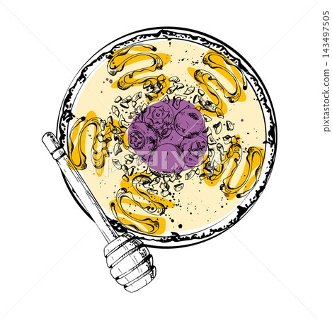 Honey spiral drizzle, oats and blueberry scatter on breakfast smoothie bowl. Isolated illustration hand drawn in ink vector. Cereal brand visuals, breakfast club posters, wholesome snack advertising. Honey spiral drizzle, oats and blueberry scatter on breakfast smoothie bowl. Isolated illustration hand drawn in ink vector. Cereal brand visuals, breakfast club posters, wholesome snack advertising. 143497505
