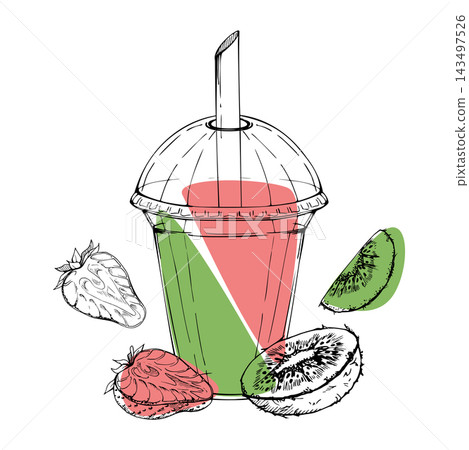 Ripe strawberry berry, kiwi fruit divided detox smoothie in takeaway dome lid cup. Isolated illustration, hand drawn ink line vector graphic. Fast snack packaging, youth cafe decor, street food menus Ripe strawberry berry, kiwi fruit divided detox smoothie in takeaway dome lid cup. Isolated illustration, hand drawn ink line vector graphic. Fast snack packaging, youth cafe decor, street food menus 143497526