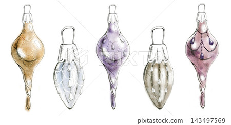 Mercury glass vintage Victorian finials with crystal beads, ribbed elongated drop baubles. Christmas ornaments hand drawn in pencil, shiny watercolor metallic washes in gold, silver, purple and mauve. 143497569