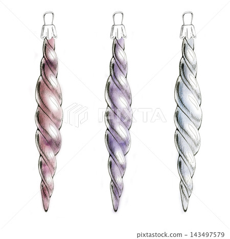 Twisted spiral finial decorative elongated ornament with elegant curves and vintage festive appearance. Hand drawn pencil and watercolor illustration, metallic shine. Tree decor guides, wrapping paper 143497579
