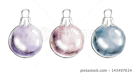 Classic round Christmas ball ornaments, globe bauble sphere decorations with timeless festive look. Hand rendered pencil sketch with loose watercolor accents. Seasonal stationery, advent calendars 143497614