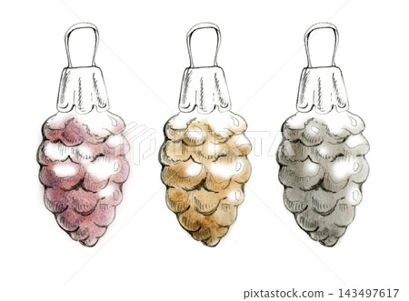 Woodland pine cone ornament with textured scales and snow, classic rustic holiday character. Pencil hand drawn sketch with gentle metallic watercolor tinting. Winter greeting cards, farmhouse decor 143497617