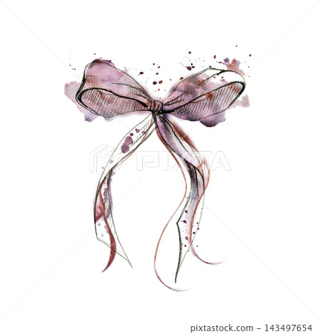 Classic ribbon bow tied decoration, soft loops and tails for festive gift wrapping style, awards and celebration, fashion accessory. Pencil hand drawn illustration with watercolor wash and splatter. Classic ribbon bow tied decoration, soft loops and tails for festive gift wrapping style, awards and celebration, fashion accessory. Pencil hand drawn illustration with watercolor wash and splatter. 143497654