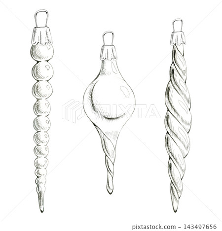 Icicle finial long narrow drop ornament, elongated decoration with elegant pointed silhouette. Vintage hand drawn illustration in graphite pencil. Tree decor guides, winter stationery, festive borders Icicle finial long narrow drop ornament, elongated decoration with elegant pointed silhouette. Vintage hand drawn illustration in graphite pencil. Tree decor guides, winter stationery, festive borders 143497656
