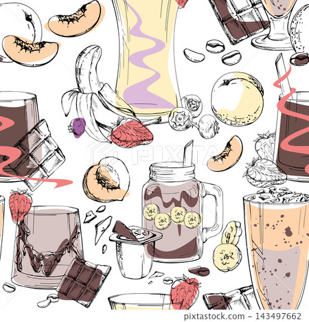 Seamless pattern of banana, berry, chocolate and peach beverages, assorted fruit toppings, cocoa milkshake glasses. Hand drawn ink vector. Ice cream wrappers, dessert placemats, party supply prints. 143497662