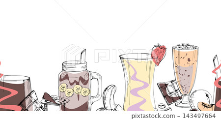 Peach, creamy banana, berry, chocolate smoothie, milkshake mix. Vector seamless banner hand drawn in ink. Ice cream shop graphics, dessert bar placemats, takeaway cup sleeves, confection stand signage Peach, creamy banana, berry, chocolate smoothie, milkshake mix. Vector seamless banner hand drawn in ink. Ice cream shop graphics, dessert bar placemats, takeaway cup sleeves, confection stand signage 143497664