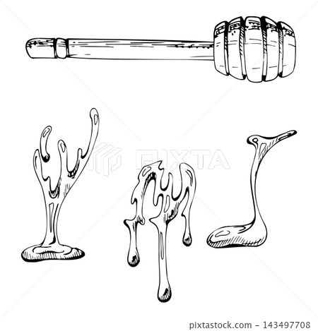 Honey syrup trickles, thick liquid drips, jam drizzle with wooden dipper spoon. Hand drawn ink vector. Herbal tea tags, bakery packaging art, breakfast themed labels, sweetener advertising graphics. Honey syrup trickles, thick liquid drips, jam drizzle with wooden dipper spoon. Hand drawn ink vector. Herbal tea tags, bakery packaging art, breakfast themed labels, sweetener advertising graphics. 143497708