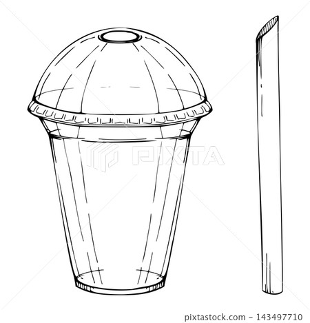 Plastic to go cup with dome lid and thick straw opening, takeaway drink container. Single object isolated vector illustration hand drawn in ink. Fast food graphics, smoothie labels, delivery menus Plastic to go cup with dome lid and thick straw opening, takeaway drink container. Single object isolated vector illustration hand drawn in ink. Fast food graphics, smoothie labels, delivery menus 143497710