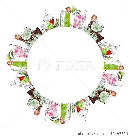 Detox kiwi, apple and strawberry smoothie glasses, chocolate bar garnish. Circular wreath hand drawn in ink line, watercolor. Wellness branding, healthy product packaging, recipe book decoration. Detox kiwi, apple and strawberry smoothie glasses, chocolate bar garnish. Circular wreath hand drawn in ink line, watercolor. Wellness branding, healthy product packaging, recipe book decoration. 143497724