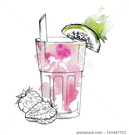 Strawberry smoothie, milkshake in faceted tumbler, kiwi slice garnish, straw. Isolated illustration hand drawn in ink outline, loose watercolor fill. Cafe menus, dessert promotions, fruit stationery. Strawberry smoothie, milkshake in faceted tumbler, kiwi slice garnish, straw. Isolated illustration hand drawn in ink outline, loose watercolor fill. Cafe menus, dessert promotions, fruit stationery. 143497725