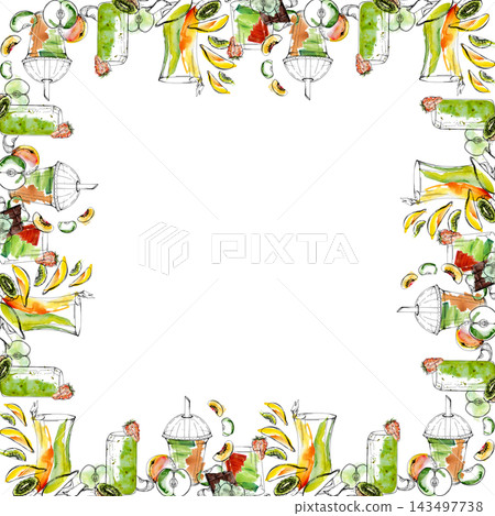 Bright green smoothie frame with refreshing fruit, citrus juice splashes, tropical sliced mango. Hand drawn ink line, watercolor wash. Fitness branding, detox promotions, healthy lifestyle materials. Bright green smoothie frame with refreshing fruit, citrus juice splashes, tropical sliced mango. Hand drawn ink line, watercolor wash. Fitness branding, detox promotions, healthy lifestyle materials. 143497738