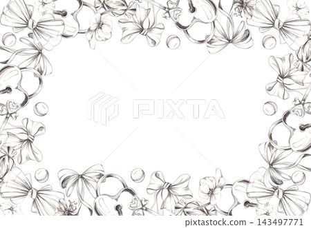 Romantic symbols with heart shaped lock and key, wrapped candy, ribbon bows, hydrangea flowers and glass marbles hand drawn in pencil. Decorative border for Valentine frames and greeting card layouts. 143497771
