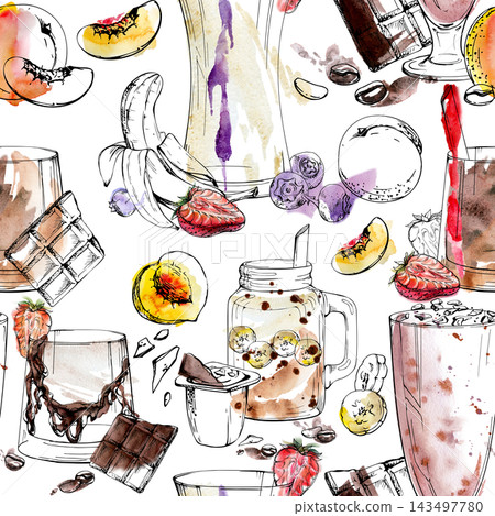 Seamless smoothie pattern. Banana, berry, chocolate and creamy peach drinks hand drawn in ink outline, watercolor washes. Ice cream shop graphics, recipe cards, snack packaging, party decor materials. Seamless smoothie pattern. Banana, berry, chocolate and creamy peach drinks hand drawn in ink outline, watercolor washes. Ice cream shop graphics, recipe cards, snack packaging, party decor materials. 143497780