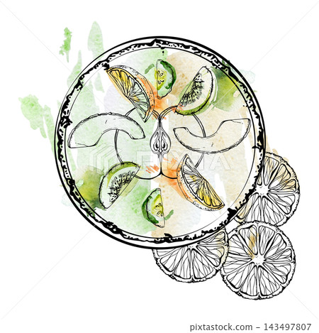 Green smoothie bowl of kiwi, cucumber slices, apple and avocado wedges, citrus wheels hand drawn in ink contour, loose watercolor. Health coaching material, detox advertising, fruit preparation guides Green smoothie bowl of kiwi, cucumber slices, apple and avocado wedges, citrus wheels hand drawn in ink contour, loose watercolor. Health coaching material, detox advertising, fruit preparation guides 143497807