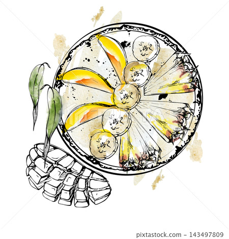 Smoothie bowl with radial topping of pineapple wedges, mango and banana slices. Isolated illustration hand drawn in watercolor, ink. Food styling references, nutrition visuals, menu composition guides Smoothie bowl with radial topping of pineapple wedges, mango and banana slices. Isolated illustration hand drawn in watercolor, ink. Food styling references, nutrition visuals, menu composition guides 143497809