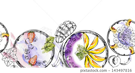 Seamless border with tropical smoothie bowls decorated with mango, berry and banana toppings, peach slices. Hand drawn in ink line, watercolor. Resort menus, summer party invitations, travel brochures Seamless border with tropical smoothie bowls decorated with mango, berry and banana toppings, peach slices. Hand drawn in ink line, watercolor. Resort menus, summer party invitations, travel brochures 143497816