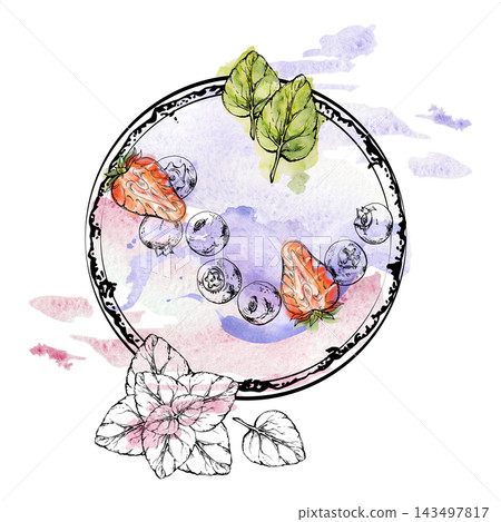 Diagonal berry trail on creamy smoothie bowl, strawberry slices, scattered blueberry, mint leaf garnish. Ink and watercolor hand drawn illustration. Creative food layouts, styling inspiration boards Diagonal berry trail on creamy smoothie bowl, strawberry slices, scattered blueberry, mint leaf garnish. Ink and watercolor hand drawn illustration. Creative food layouts, styling inspiration boards 143497817