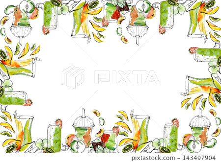 Green and orange smoothie frame of kiwi, apple and berry toppings. Hand drawn ink line, bright juicy watercolor splashes. Detox branding, wellness menus, organic product packaging, spa cafe signage. Green and orange smoothie frame of kiwi, apple and berry toppings. Hand drawn ink line, bright juicy watercolor splashes. Detox branding, wellness menus, organic product packaging, spa cafe signage. 143497904