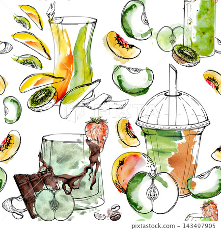 Seamless pattern of green smoothie, matcha glasses, kiwi exotic fruit, peach slices, apple pulp. Hand drawn watercolor brush strokes, ink contour. Reusable lunch bags, eco-friendly product wrapping. 143497905