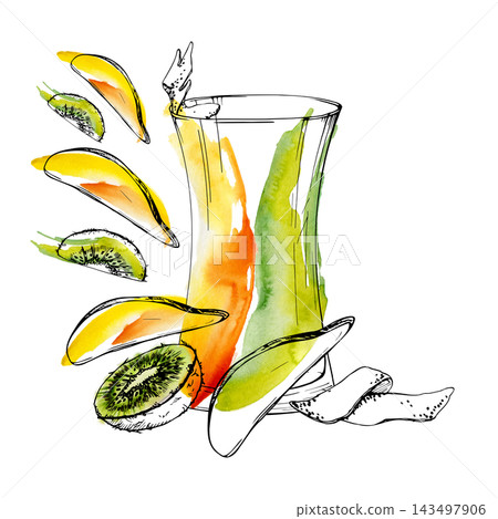 Mango and kiwi smoothie layered in hurricane glass, citrus peel topping. Hand drawn ink outline, watercolor brush strokes. Tropical juice bar posters, resort beverage menus, exotic drink packaging. Mango and kiwi smoothie layered in hurricane glass, citrus peel topping. Hand drawn ink outline, watercolor brush strokes. Tropical juice bar posters, resort beverage menus, exotic drink packaging. 143497906
