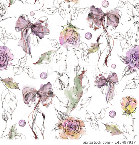 Botanical tea rose flowers, shiny glass beads, tied lush ribbon bows hand drawn in watercolor and pencil with vintage romantic palette. Seamless pattern for gift wrap, textile, wedding stationery. Botanical tea rose flowers, shiny glass beads, tied lush ribbon bows hand drawn in watercolor and pencil with vintage romantic palette. Seamless pattern for gift wrap, textile, wedding stationery. 143497937