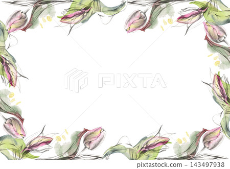 Vintage tulip, lily flowers, spring bulb plants hand drawn with expressive watercolor bleeds, fine pencil sketch lines. Floral page borders, wedding invitation frames, handmade product card templates Vintage tulip, lily flowers, spring bulb plants hand drawn with expressive watercolor bleeds, fine pencil sketch lines. Floral page borders, wedding invitation frames, handmade product card templates 143497938