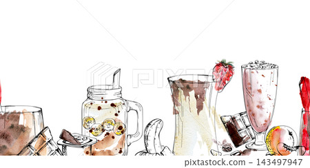 Peach, creamy banana, berry and chocolate smoothies or milkshakes. Seamless border hand drawn in ink, watercolor. Dessert menu headers, sweet branding, bakery wrapping paper, confectionery promotions. Peach, creamy banana, berry and chocolate smoothies or milkshakes. Seamless border hand drawn in ink, watercolor. Dessert menu headers, sweet branding, bakery wrapping paper, confectionery promotions. 143497947