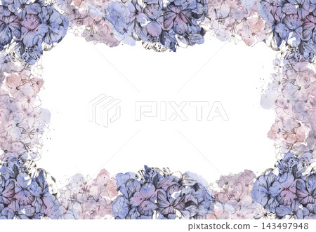 Vintage hydrangea blossoms, rhododendron pompoms with airy watercolor petals and hand drawn pencil detail. Elegant floral border motif for wedding stationery frames, romantic scrapbooking layouts. Vintage hydrangea blossoms, rhododendron pompoms with airy watercolor petals and hand drawn pencil detail. Elegant floral border motif for wedding stationery frames, romantic scrapbooking layouts. 143497948