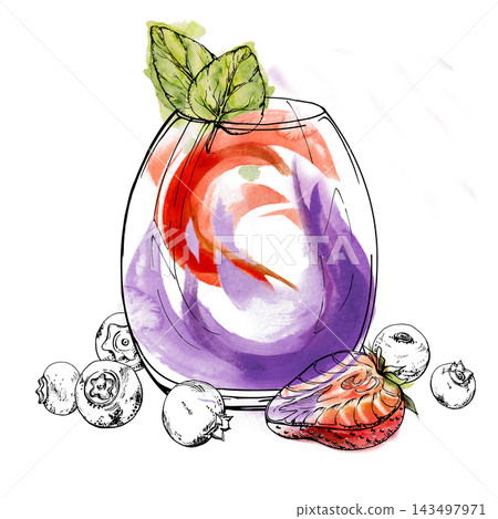 Strawberry and blueberry smoothie, juice in stemless wine glass with mint leaves garnish hand drawn in ink line, bold watercolor swirl. Brunch promotions, berry seasonal dessert menus, fruit labels. Strawberry and blueberry smoothie, juice in stemless wine glass with mint leaves garnish hand drawn in ink line, bold watercolor swirl. Brunch promotions, berry seasonal dessert menus, fruit labels. 143497971